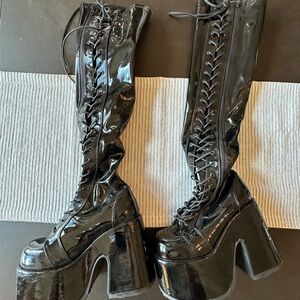 Demonia Black Patent Lace-Up Platform Knee-High Boots